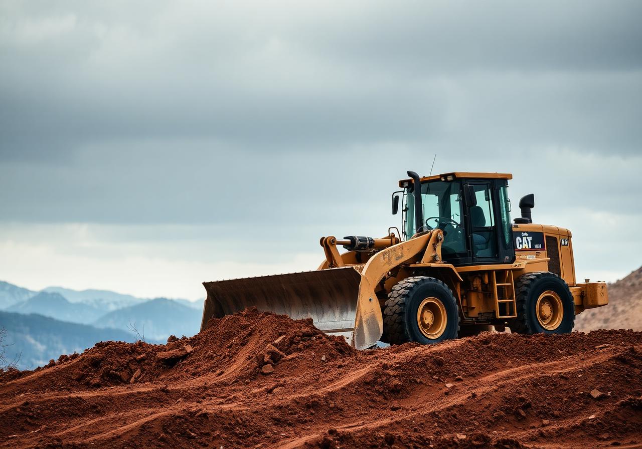Wheel loader pushing dirt with mountains in background
